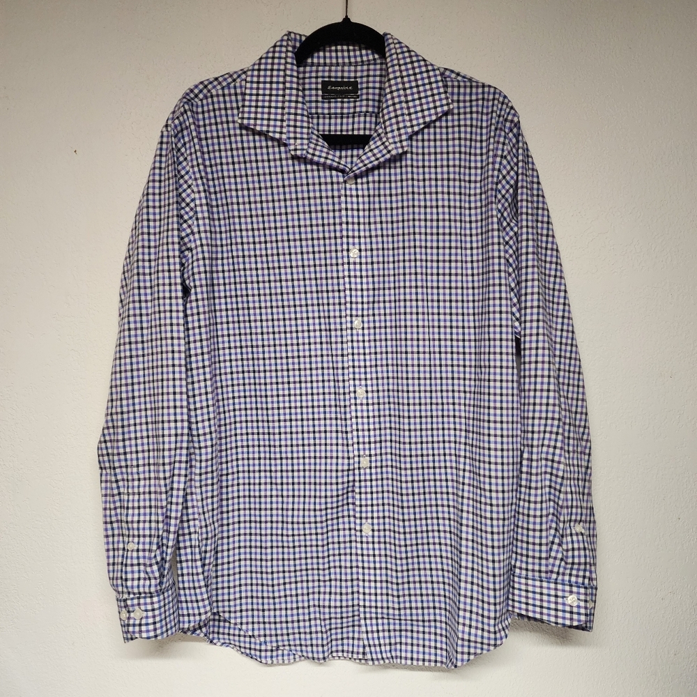 Esquire‎ Slim Fit Non Iron Dress Shirt Men 16.5 34/35 Long Sleeve Gingham Blue